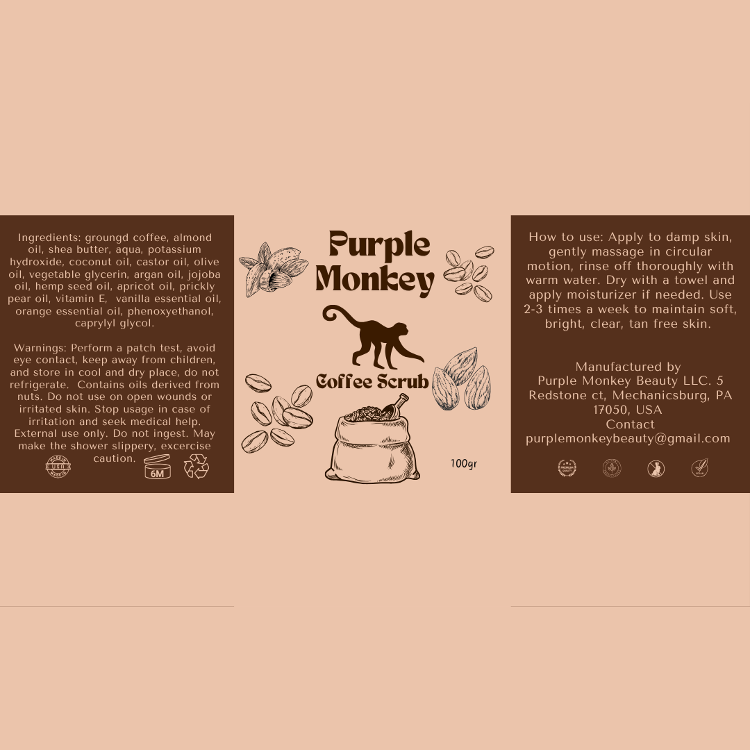 Natural coffee scrub exfoliant from Purple Monkey Beauty for glowing skin.