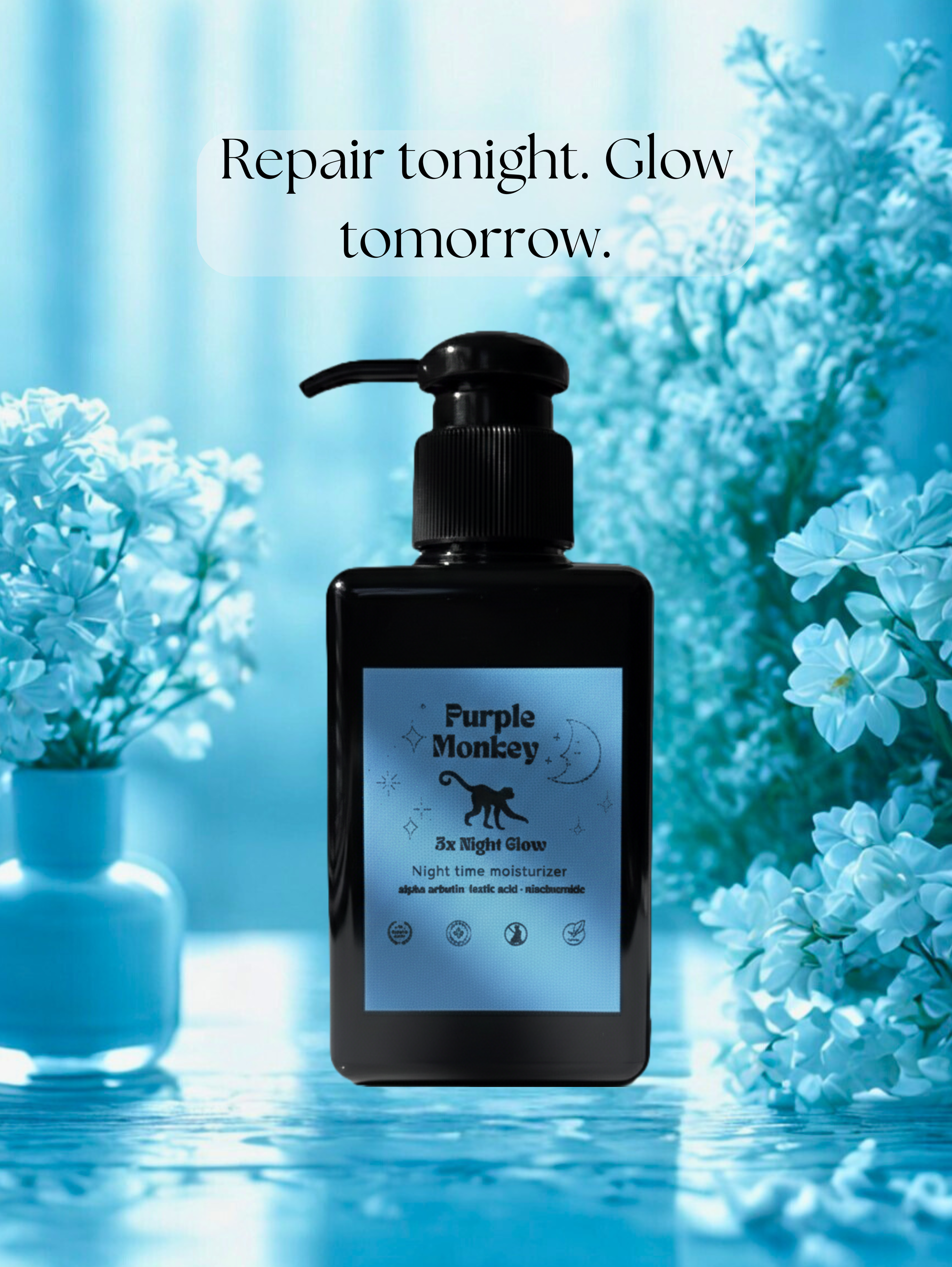 A blue labeled black pump of daily night time moisturizer with Alpha arbutin, lactic acid, niacinamide, designed to reduce the fine lines, hyperpigmentation, acne issues. Increases skin brightness, even skin tone, aging spots.