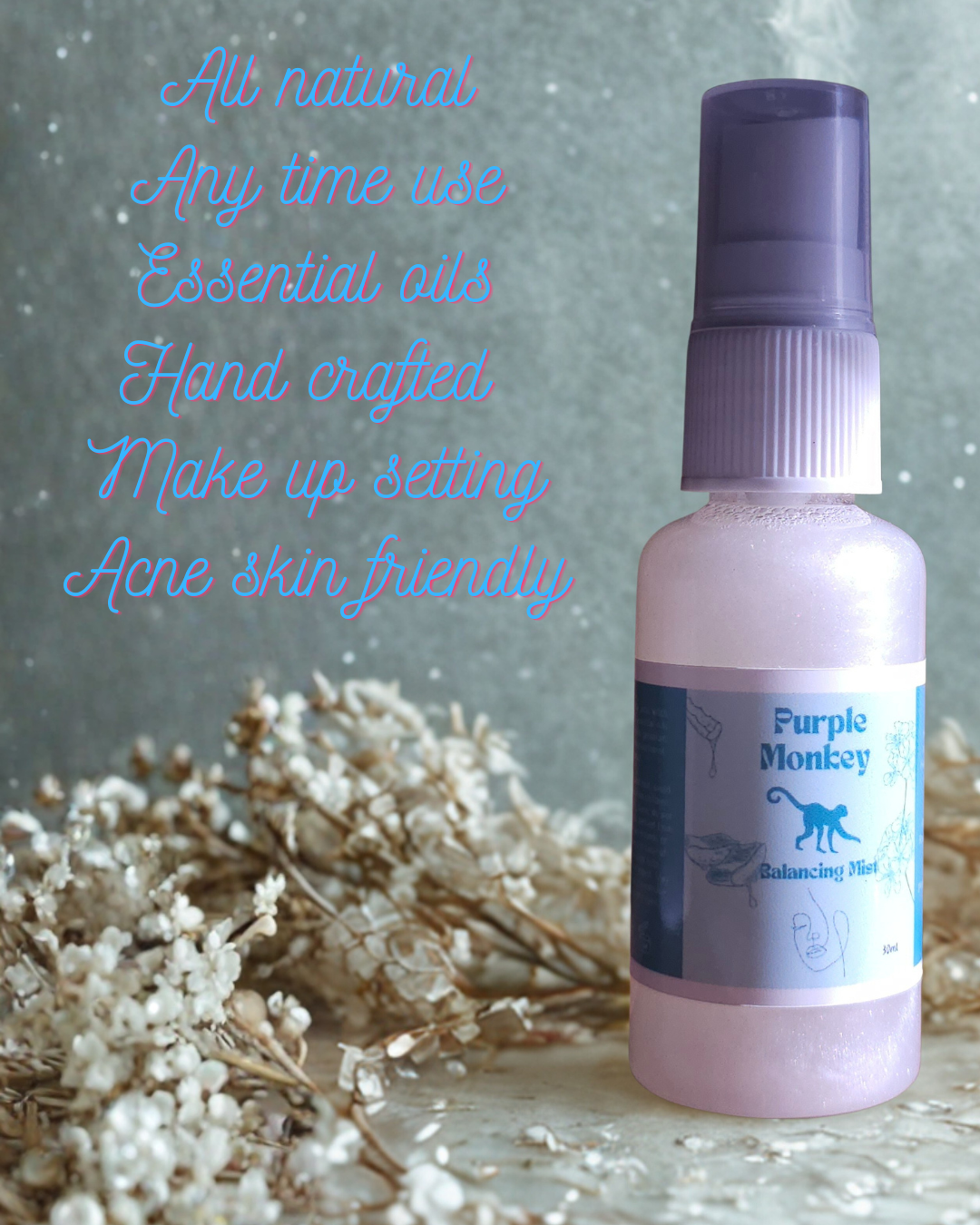 blue and white bottle with a label on a surface with text describing its uses.