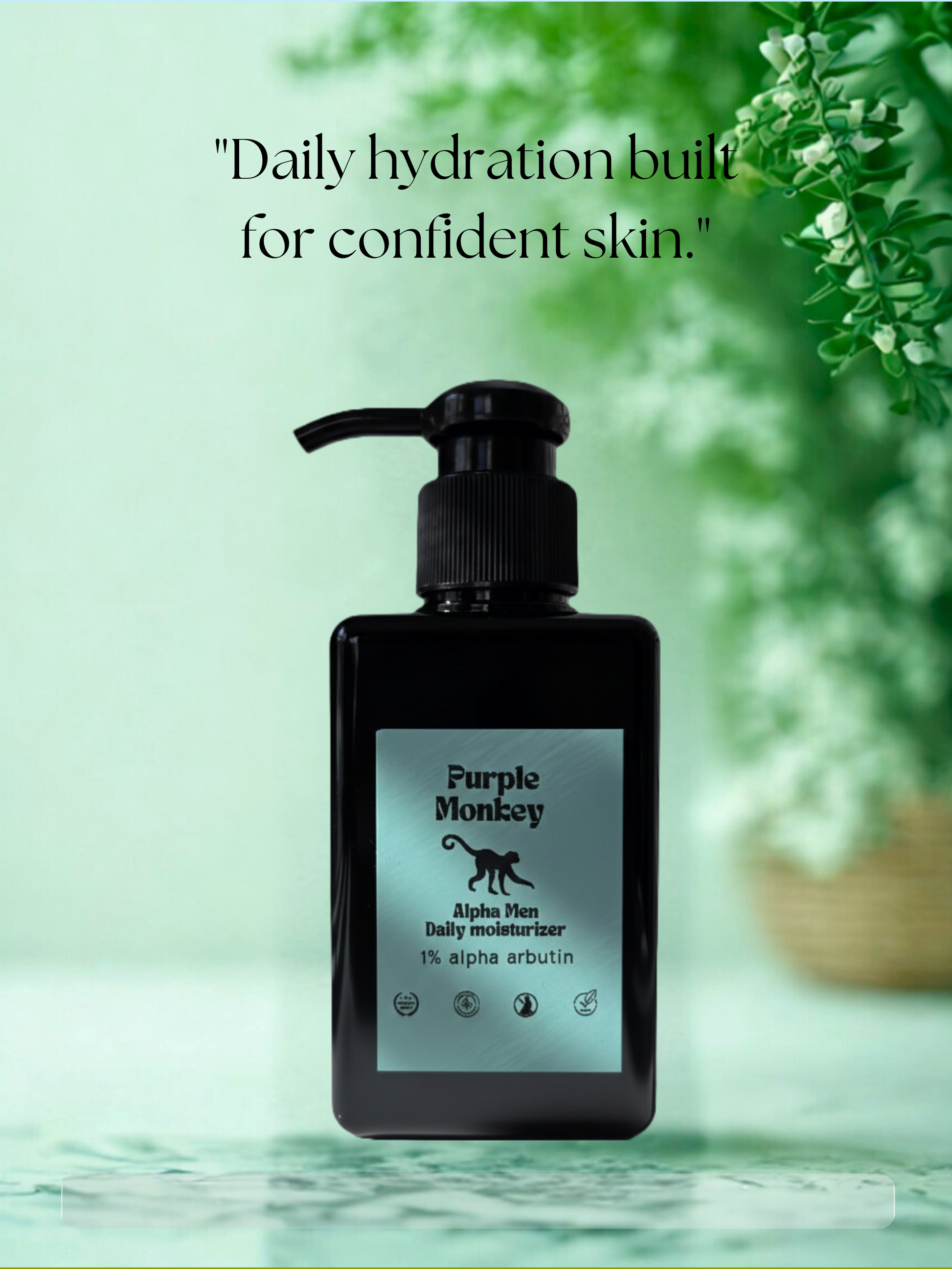 A aqua labeled black pump of daily men's moisturizer with Alpha arbutin,  designed to reduce the fine lines, hyperpigmentation, acne issues. Increases skin brightness, even skin tone, aging spots.