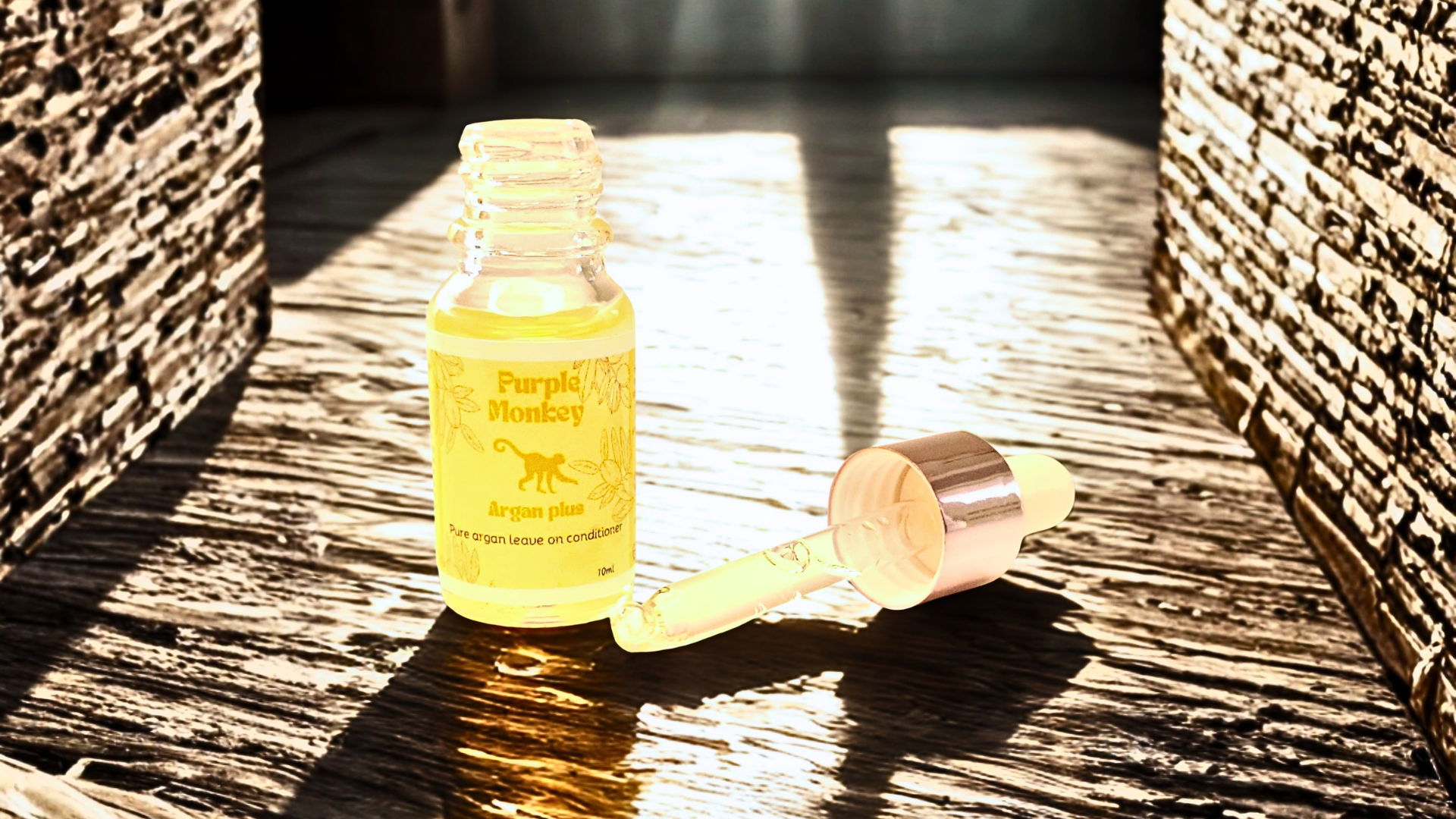 Bottle of 'Purple Monkey' product with a wooden scoop on a textured surface