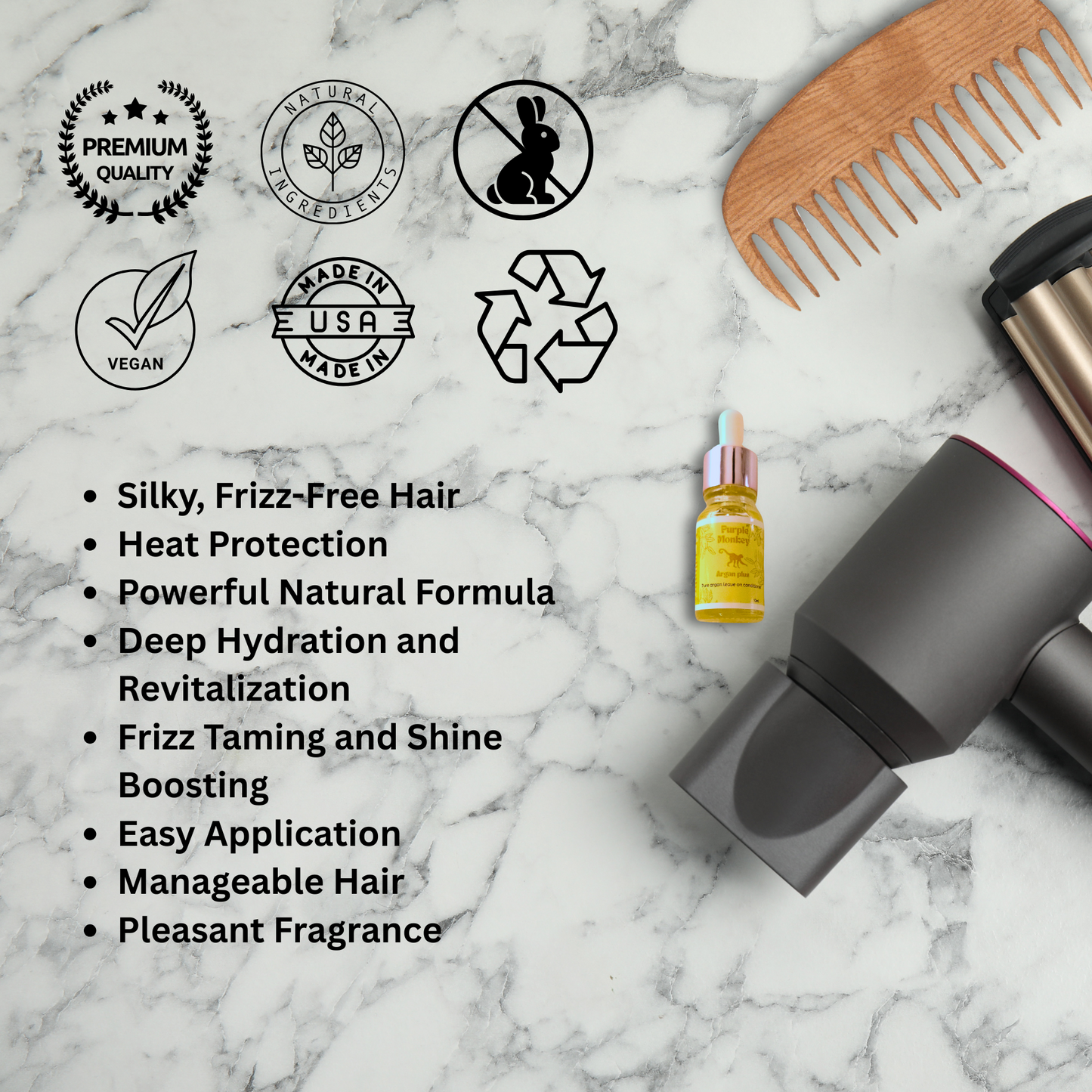 Vegan argan hair oil from Purple Monkey Beauty for healthy, glossy hair.