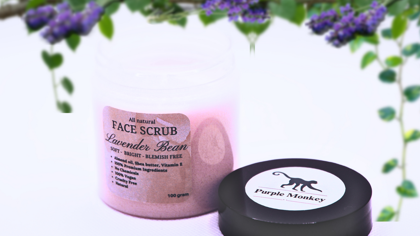 Lavender Bean face scrub jar with lid open