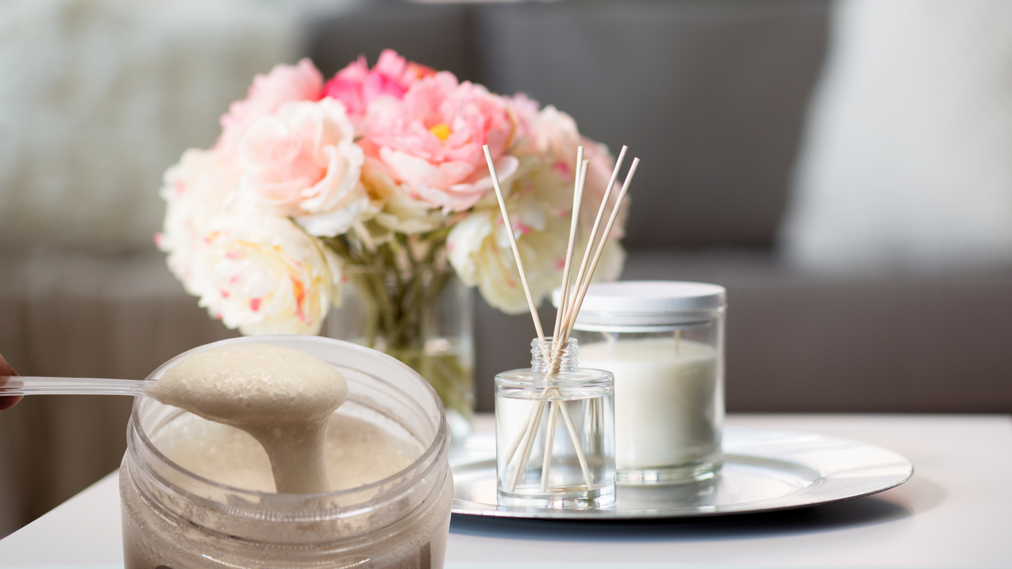 Sugar scrub jar in a relaxed spa like setting