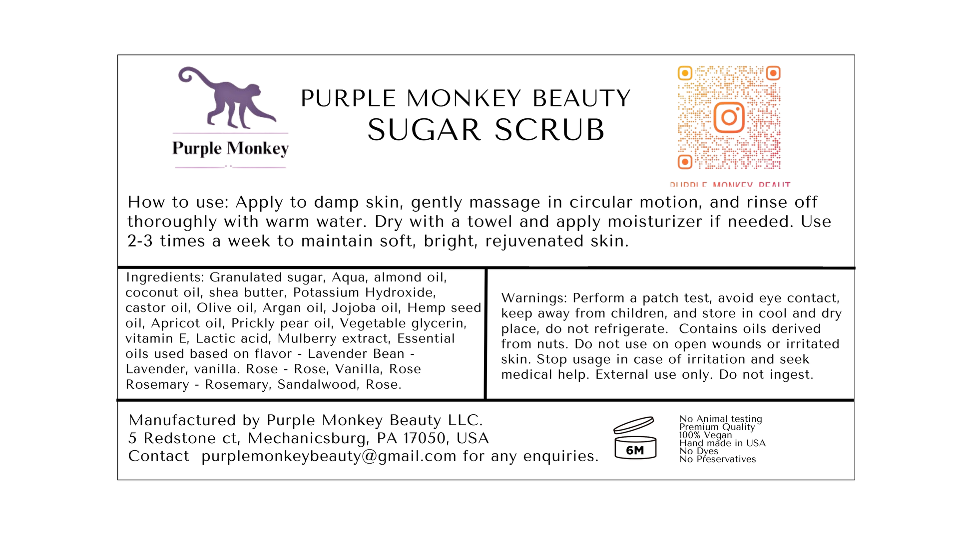 label of ingredients and instructions and warnings of the sugar scrub