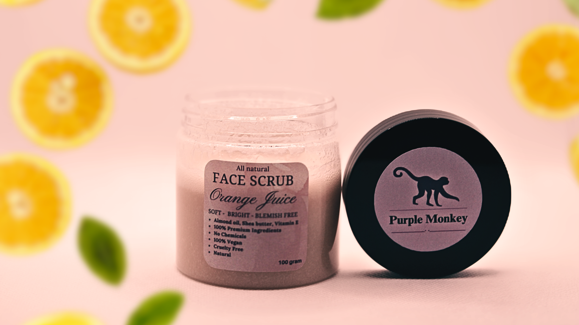 Orange slices in the back ground and image of Orange juice face scrub